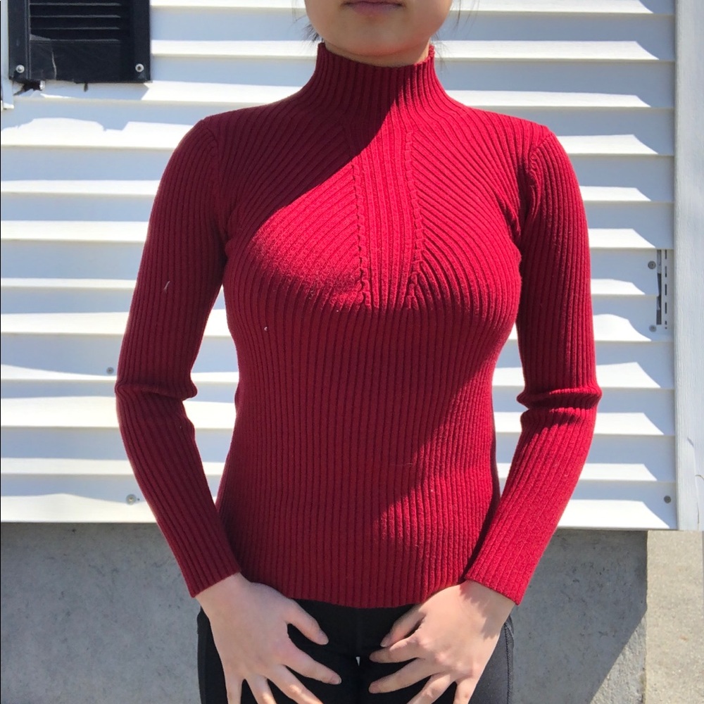 Red Ribbed Turtleneck Sweater